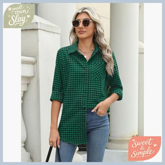 Long Sleeve Plaid Button Down Shirt Regular Fit Polyester Blouse - Picture 2 of 7